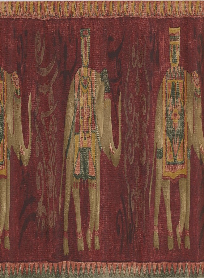 Norwall ورق جدران بتصميم عتيق على شكل سجادة حمراء مع إطار من الفيلة البنية، لفة مقاس 15 × 7 بوصة - Image 2