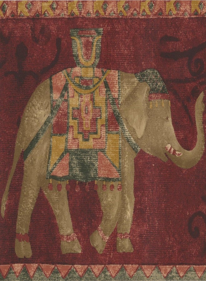 Norwall ورق جدران بتصميم عتيق على شكل سجادة حمراء مع إطار من الفيلة البنية، لفة مقاس 15 × 7 بوصة - Image 1