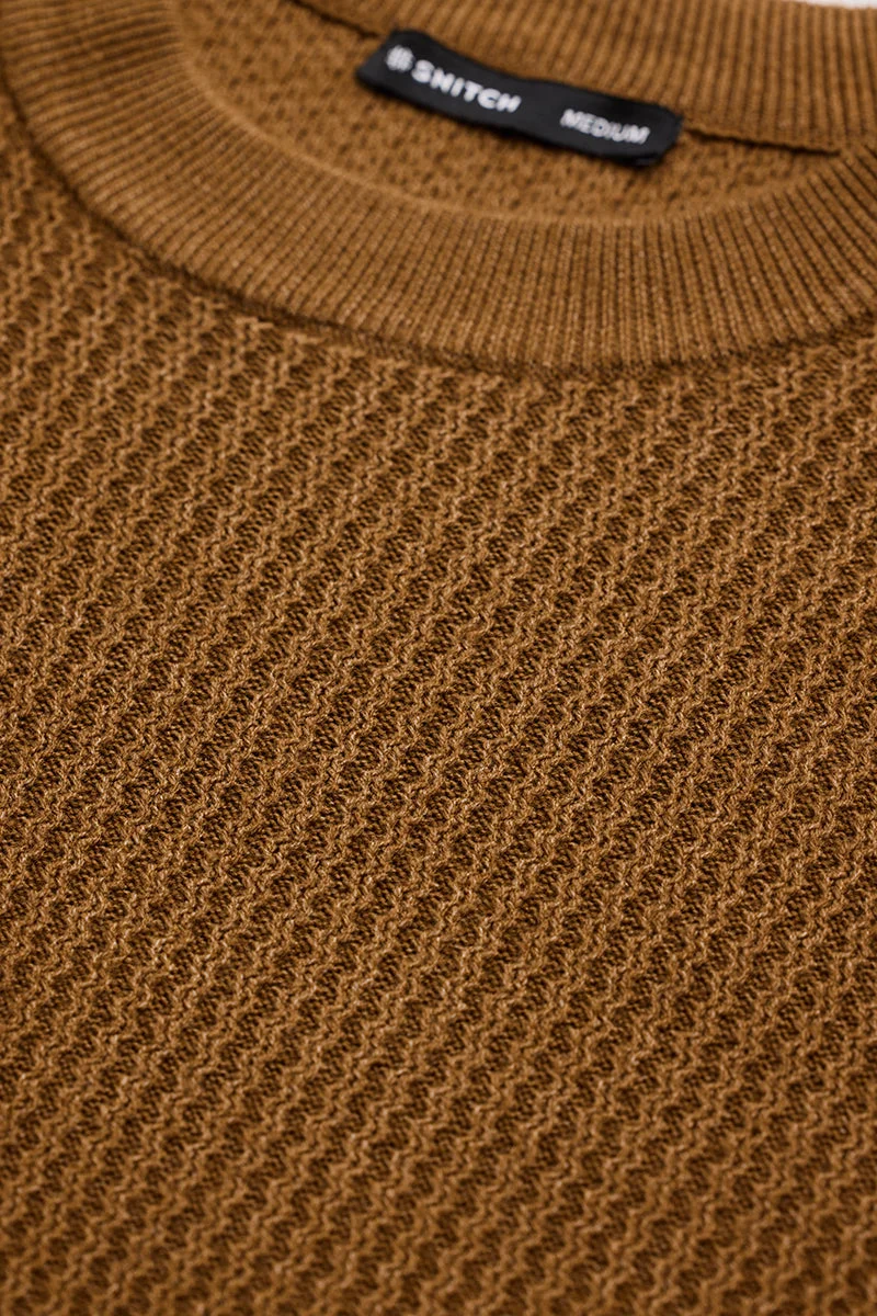 سنيتش Brown Textured Long Sleeve Regular Fit Casual Sweater