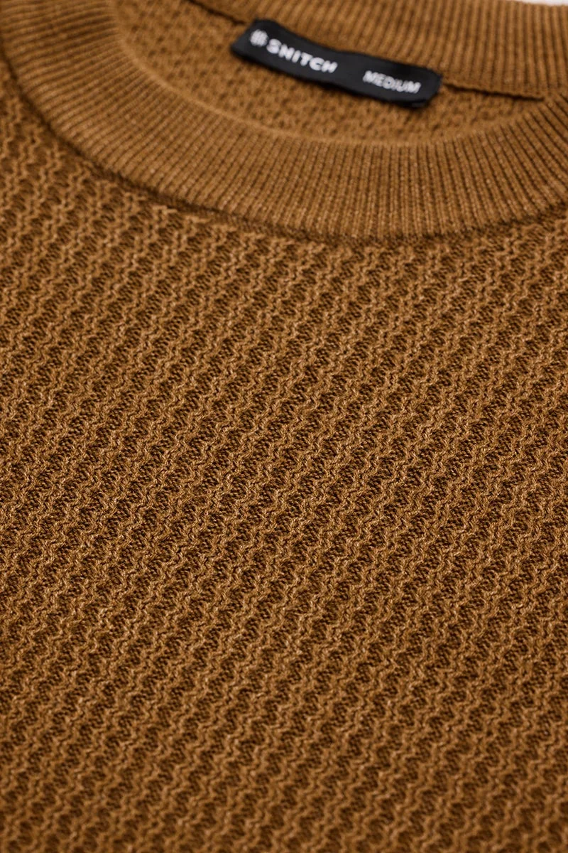 سنيتش Brown Textured Long Sleeve Regular Fit Casual Sweater