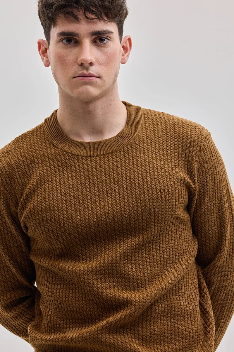 سنيتش Brown Textured Long Sleeve Regular Fit Casual Sweater