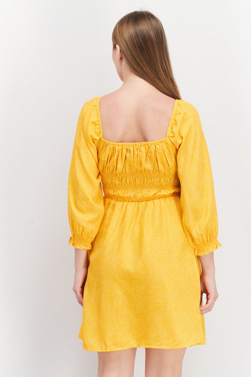 NEW LOOK فستان ميني بأكمام منتفخة وصدّارة مجمعة للنساء، برتقالي - Image 3