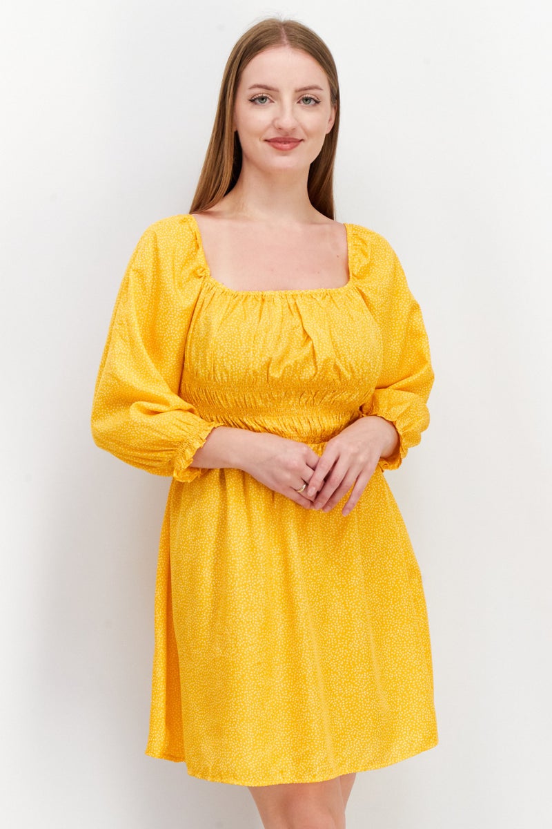 NEW LOOK فستان ميني بأكمام منتفخة وصدّارة مجمعة للنساء، برتقالي - Image 1