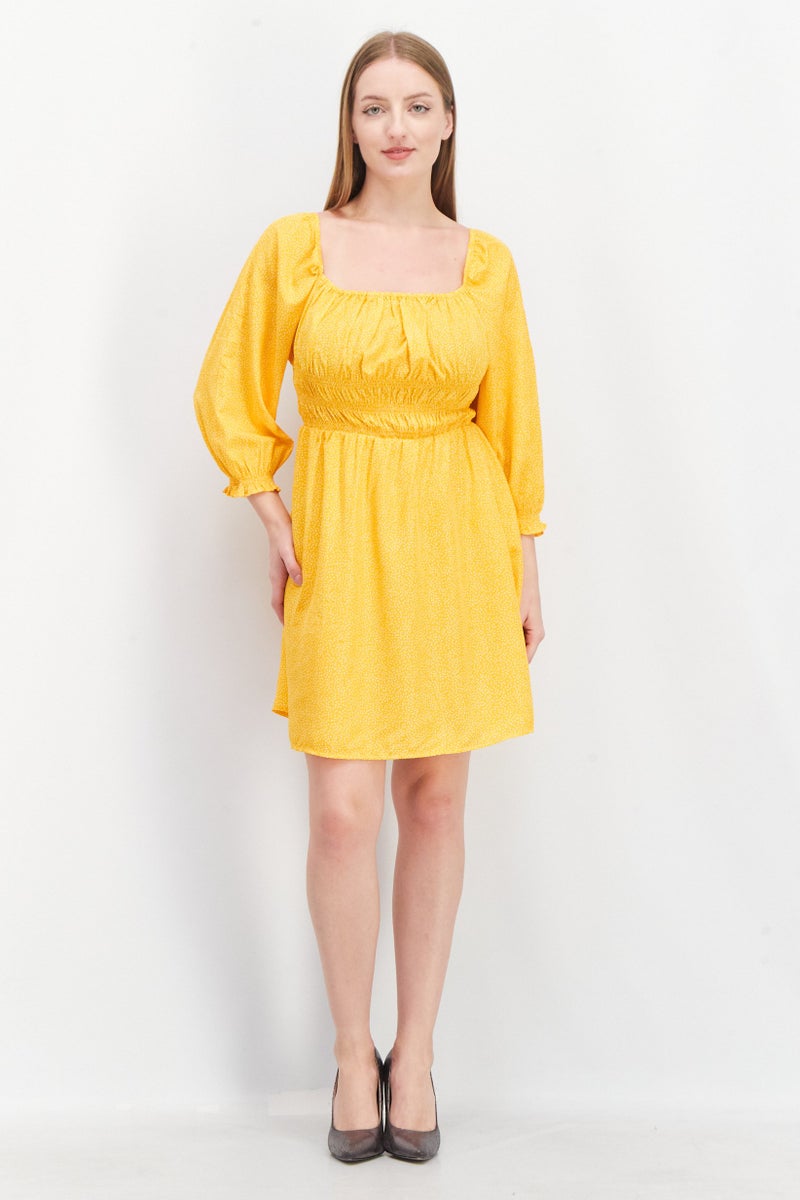 NEW LOOK فستان ميني بأكمام منتفخة وصدّارة مجمعة للنساء، برتقالي - Image 4