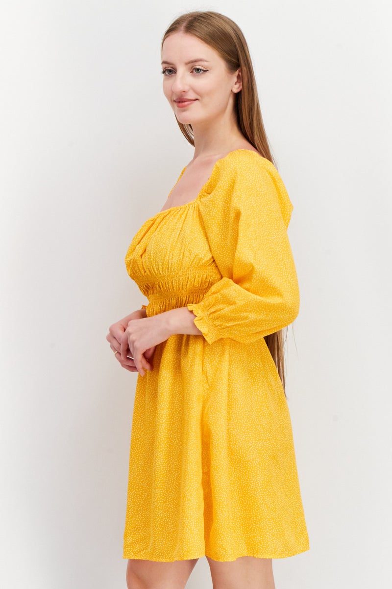 NEW LOOK فستان ميني بأكمام منتفخة وصدّارة مجمعة للنساء، برتقالي - Image 2