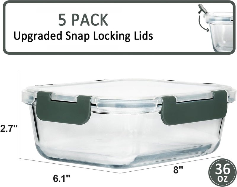 M MCIRCO [5-Packs, 36 Oz.] Glass Meal Prep Containers with Lifetime Lasting Snap Locking Lids Glass Food Containers,Airtight Lunch Container,Microwave, Oven, Freezer and Dishwasher (4.5 Cup) - Image 2