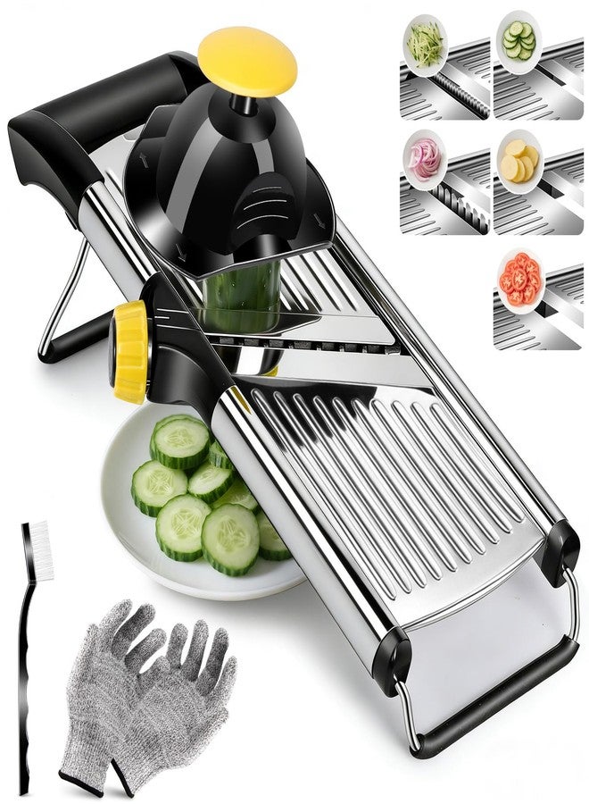Masthome Adjustable Mandoline Food Slicer, Mandoline Slicer for Kitchen, Stainless Steel Mandolin, Fruit and Vegetable Cutter with Cut-Resistant Gloves and Cleaning Brush-Yellow - Image 1