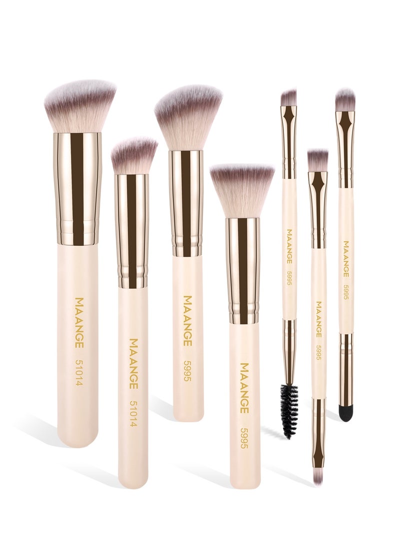MAANGE 7Pcs Premium Professional Make up Brushes Soft Foundation Powder Brush Eye Shadow Makeup Brush Set Beige - Image 1