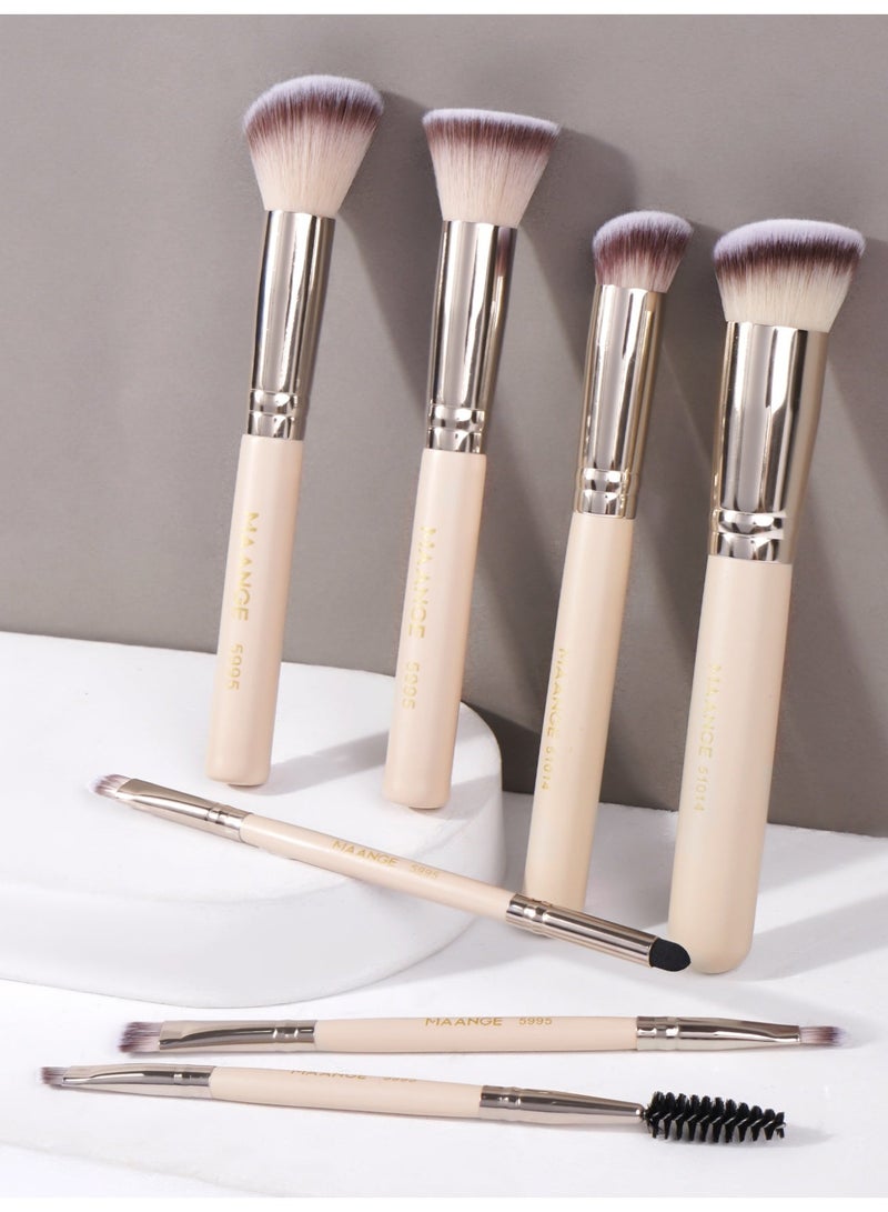 MAANGE 7Pcs Premium Professional Make up Brushes Soft Foundation Powder Brush Eye Shadow Makeup Brush Set Beige - Image 1