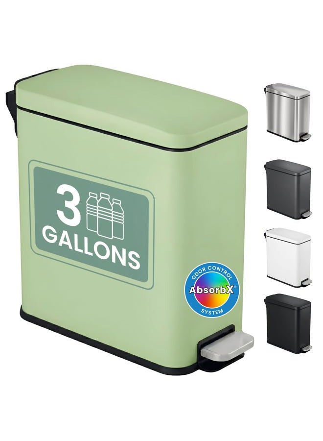 iTouchless 11.4 Liter / 3 Gallon SoftStep Bathroom Trash Can with Lid & AbsorbX Odor Filter – Slim Green Stainless Steel Wastebasket with Removable Inner Bucket for Small Spaces, Home, Office, Bedroom - Image 1