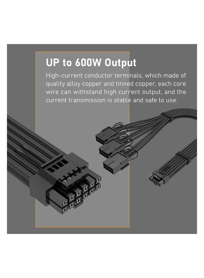 تمديد كابل طاقة وحدة معالجة الرسومات بأكمام كابل، 16 سنون (12+4) 12VHPWR PCIe 5.0 موصل ذكر إلى 3X PCIE 8 سنون لـ RTX404070ti 4080 3090Ti، مع أمشاط كابل مثبتة مسبقًا - Image 4