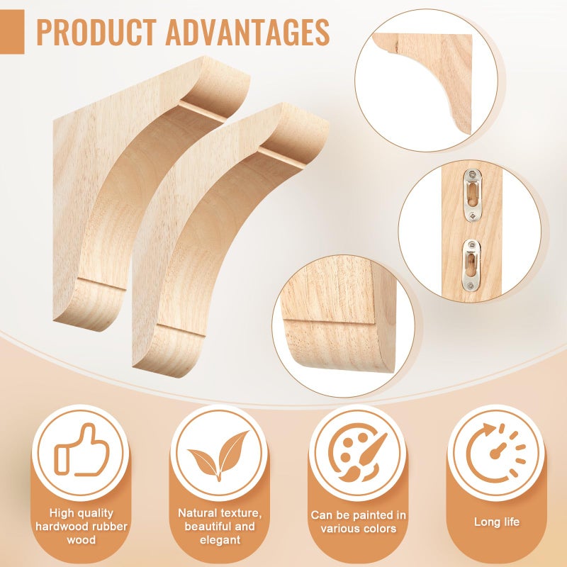 Vercraft 8 Pcs Wood Corbel Wooden Shelf Brackets, Unfinished Paintable Bracket with Hanging Hook for Doorway Countertop Kitchen Cabinet Book Shelves, Rubber Wood (6 x 6 x 1.75 Inches) - Image 3