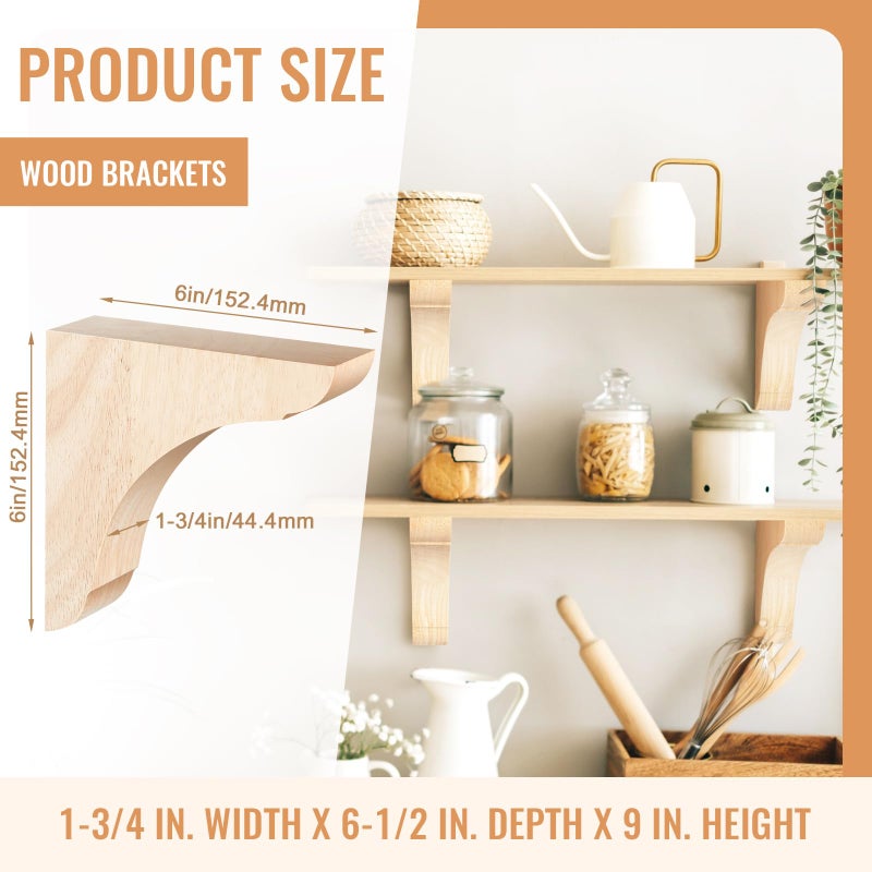 Vercraft 8 Pcs Wood Corbel Wooden Shelf Brackets, Unfinished Paintable Bracket with Hanging Hook for Doorway Countertop Kitchen Cabinet Book Shelves, Rubber Wood (6 x 6 x 1.75 Inches) - Image 2
