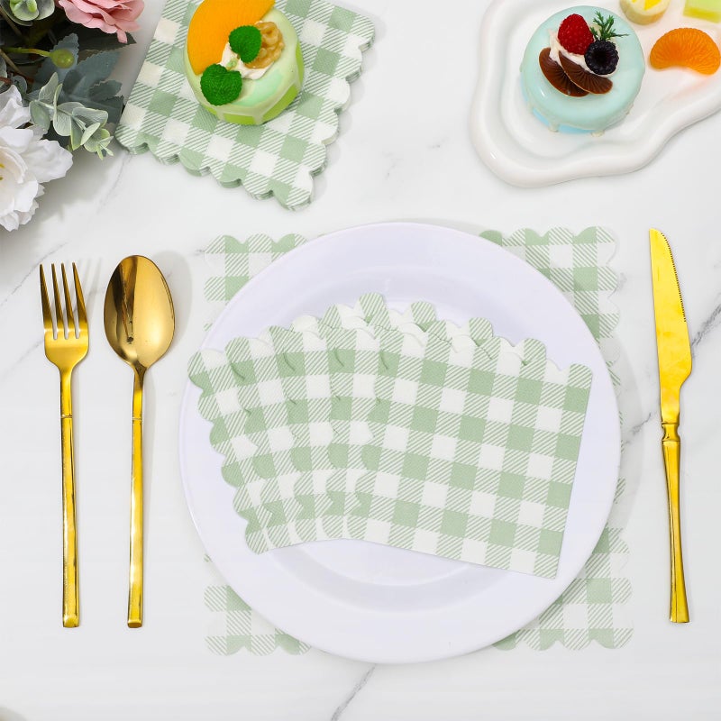 Xiangqu 120 Pcs Green Gingham Napkins, Disposable Easter Napkins Sage Green Baby Shower Cocktail Napkin Paper Plaid Napkin for Picnic, Wedding, Baby & Bridal Shower,5 x 5 Inches - Image 3