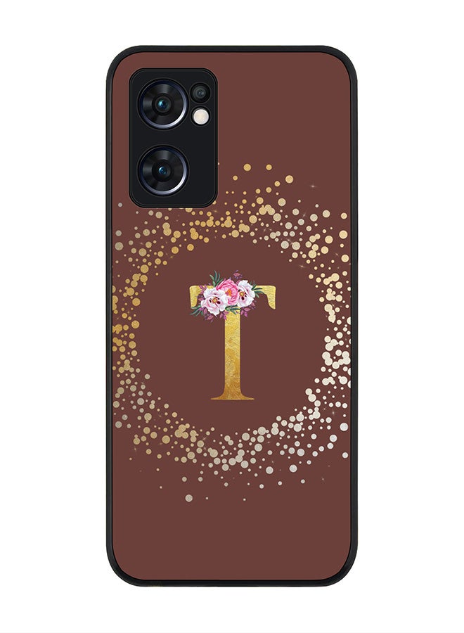 Stylizedd Rugged Black edge case for Oppo Find X5 Lite, Slim fit Cover - Custom Monogram Initial Letter Floral Pattern Alphabet - T (Brown ) - Image 1