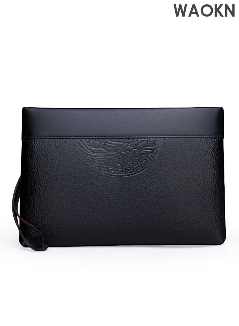 WAOKN Men's Totem Embossed Printing Clutch Bag Super Slim Anti-Theft Minimalist Textured Large Leather Wallet Card Case Gift for Men Black Multi Compartment Zipper Soft and Lightweight Portable Clutch Bag,unisex,black. - Image 1