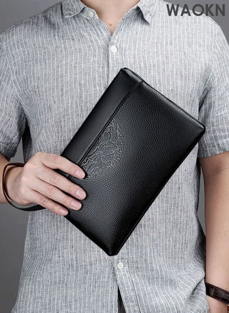 WAOKN Men's Totem Embossed Printing Clutch Bag Super Slim Anti-Theft Minimalist Textured Large Leather Wallet Card Case Gift for Men Black Multi Compartment Zipper Soft and Lightweight Portable Clutch Bag,unisex,black. - Image 5