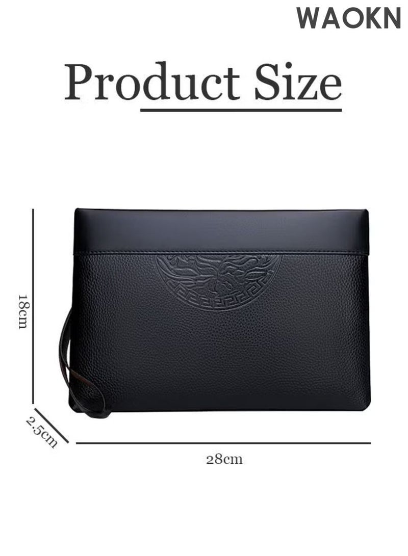 WAOKN Men's Totem Embossed Printing Clutch Bag Super Slim Anti-Theft Minimalist Textured Large Leather Wallet Card Case Gift for Men Black Multi Compartment Zipper Soft and Lightweight Portable Clutch Bag,unisex,black. - Image 2
