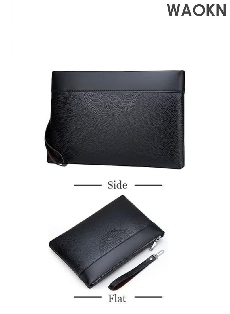 WAOKN Men's Totem Embossed Printing Clutch Bag Super Slim Anti-Theft Minimalist Textured Large Leather Wallet Card Case Gift for Men Black Multi Compartment Zipper Soft and Lightweight Portable Clutch Bag,unisex,black. - Image 4