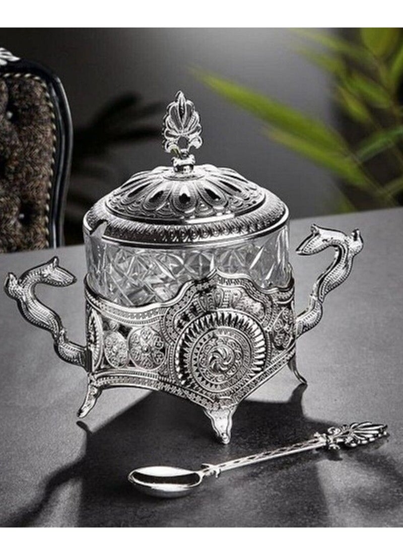 كيتشن آرت سكريه دائريه مغطاه بالزجاج (وعاء حلوي زجاجي مزخرف تركي).برطمان سكر، حامل حلوى (فضي زجاجي)  - Image 1