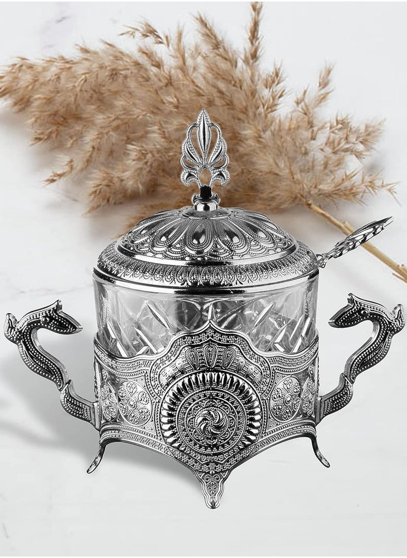 كيتشن آرت سكريه دائريه مغطاه بالزجاج (وعاء حلوي زجاجي مزخرف تركي).برطمان سكر، حامل حلوى (فضي زجاجي)  - Image 4