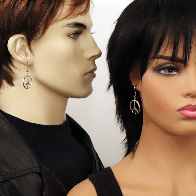 Real Metal Hippie Peace Sign Dangle Earrings Polished Silver Finish Pewter - Image 2