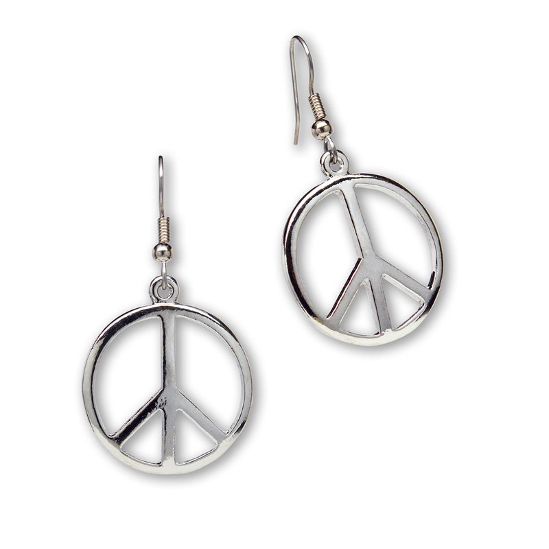 Real Metal Hippie Peace Sign Dangle Earrings Polished Silver Finish Pewter - Image 1