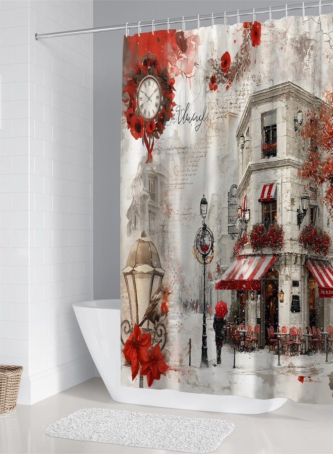 Chrainy 4Pcs Snowy Streets Shower Curtain Sets Red Floral Bathroom Set Decor with Non-Slip Rugs Bath U-Shaped Mat Toilet Lid Cover Waterproof Valentines Bathroom Curtains Shower Set with 12 Hooks - Image 2