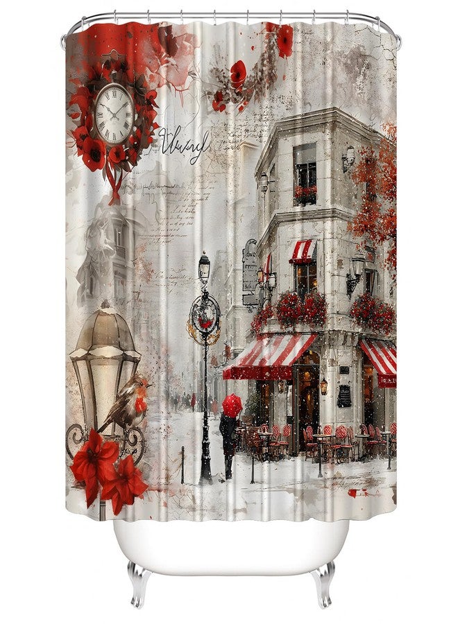 Chrainy 4Pcs Snowy Streets Shower Curtain Sets Red Floral Bathroom Set Decor with Non-Slip Rugs Bath U-Shaped Mat Toilet Lid Cover Waterproof Valentines Bathroom Curtains Shower Set with 12 Hooks - Image 3
