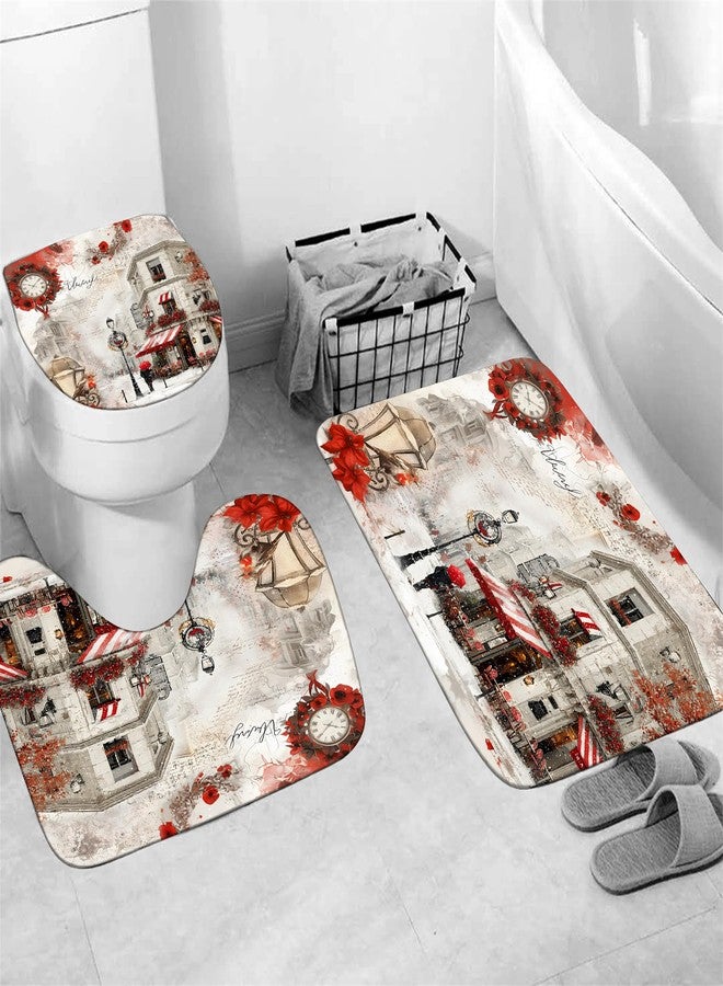 Chrainy 4Pcs Snowy Streets Shower Curtain Sets Red Floral Bathroom Set Decor with Non-Slip Rugs Bath U-Shaped Mat Toilet Lid Cover Waterproof Valentines Bathroom Curtains Shower Set with 12 Hooks - Image 4