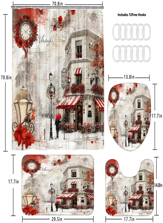 Chrainy 4Pcs Snowy Streets Shower Curtain Sets Red Floral Bathroom Set Decor with Non-Slip Rugs Bath U-Shaped Mat Toilet Lid Cover Waterproof Valentines Bathroom Curtains Shower Set with 12 Hooks - Image 5