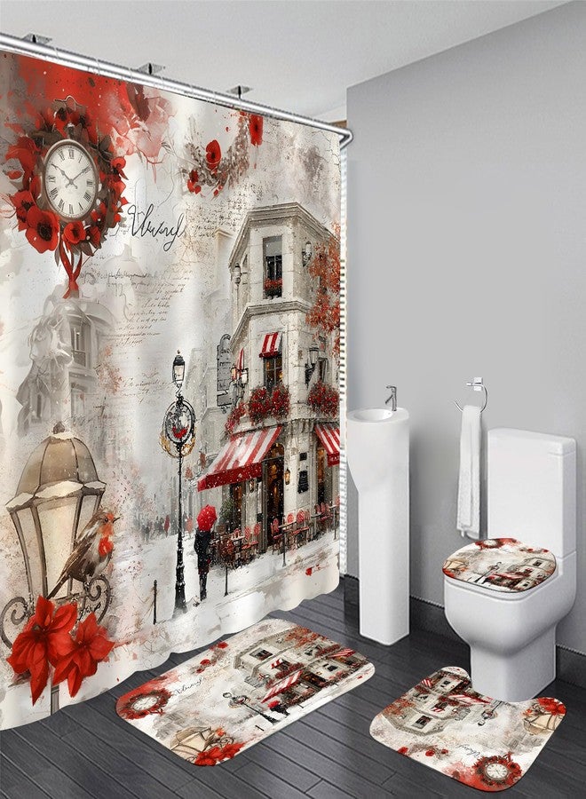 Chrainy 4Pcs Snowy Streets Shower Curtain Sets Red Floral Bathroom Set Decor with Non-Slip Rugs Bath U-Shaped Mat Toilet Lid Cover Waterproof Valentines Bathroom Curtains Shower Set with 12 Hooks - Image 1