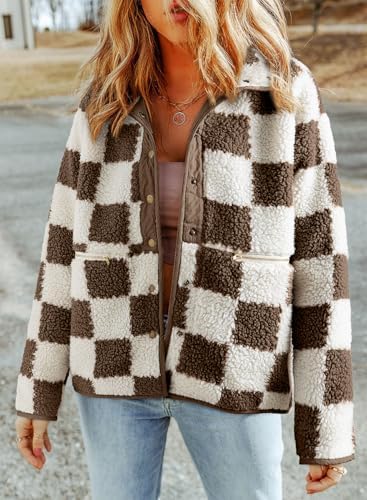 Shein SHEWIN Fall Jackets For Women 2026 Causal Lightweight Plaid Fleece Jacket Loose Button Down Sherpa Coats Winter Clothes For Women Chestnut XX-Large - Image 3