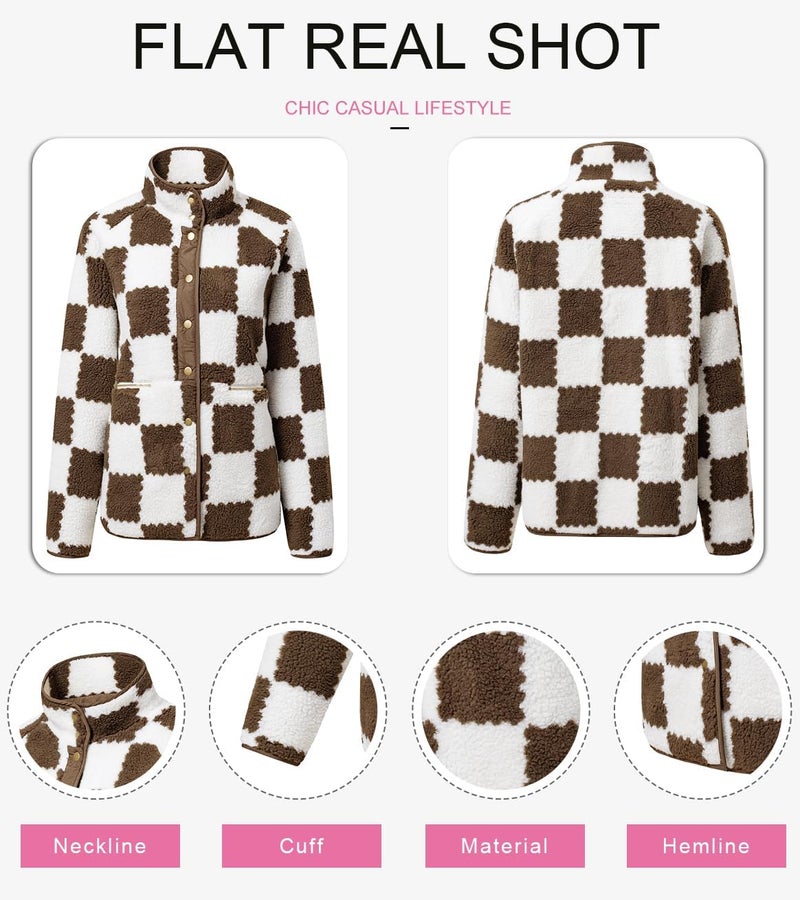 Shein SHEWIN Fall Jackets For Women 2026 Causal Lightweight Plaid Fleece Jacket Loose Button Down Sherpa Coats Winter Clothes For Women Chestnut XX-Large - Image 5