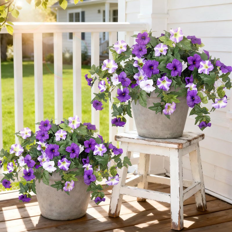 Ammyoo 4 Pcs Artificial Fake Petunia Flowers for Outdoor Decoration, Faux Silk Petunias Flower for Spring UV Resistant No Fade Realistic Plants for Garden Balcony Yard Porch Indoor Decor(Purple White) - Image 1