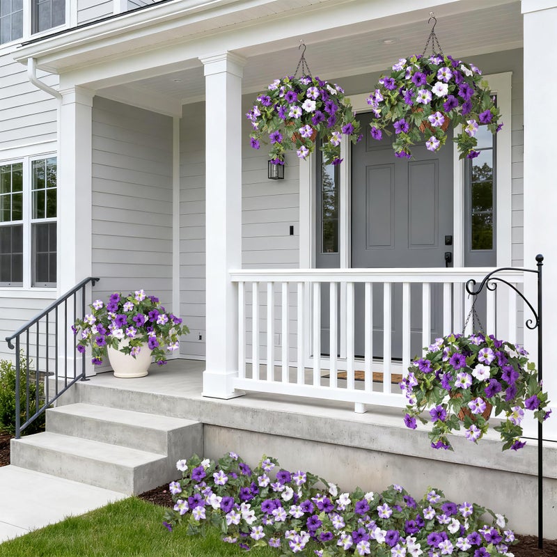 Ammyoo 4 Pcs Artificial Fake Petunia Flowers for Outdoor Decoration, Faux Silk Petunias Flower for Spring UV Resistant No Fade Realistic Plants for Garden Balcony Yard Porch Indoor Decor(Purple White) - Image 5