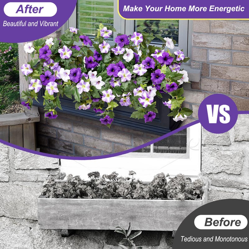 Ammyoo 4 Pcs Artificial Fake Petunia Flowers for Outdoor Decoration, Faux Silk Petunias Flower for Spring UV Resistant No Fade Realistic Plants for Garden Balcony Yard Porch Indoor Decor(Purple White) - Image 3