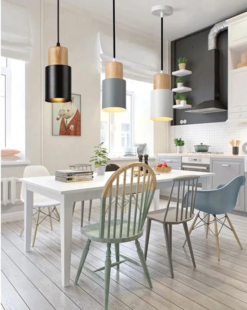 Groeien Cylindrical Color Metal Chandelier Elegance Small Wood Pendant Hanging Light for Kitchen Island, Indoor Metal Hanging Light, Living Room Bedroom Bedside Table (White) - Image 4