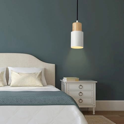 Groeien Cylindrical Color Metal Chandelier Elegance Small Wood Pendant Hanging Light for Kitchen Island, Indoor Metal Hanging Light, Living Room Bedroom Bedside Table (White) - Image 2