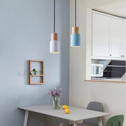 Groeien Cylindrical Color Metal Chandelier Elegance Small Wood Pendant Hanging Light for Kitchen Island, Indoor Metal Hanging Light, Living Room Bedroom Bedside Table (White) - Image 3