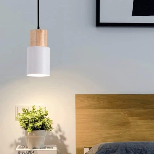 Groeien Cylindrical Color Metal Chandelier Elegance Small Wood Pendant Hanging Light for Kitchen Island, Indoor Metal Hanging Light, Living Room Bedroom Bedside Table (White) - Image 1