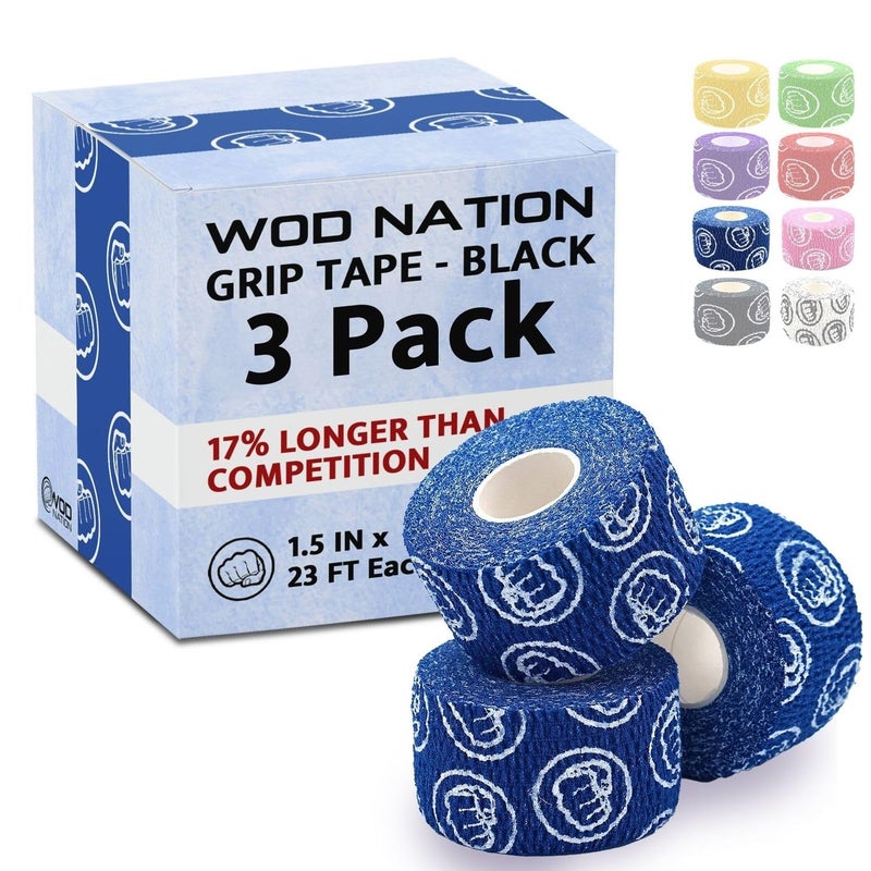WOD Nation شريط لاصق رياضي من WOD Nation لرفع الأثقال - شريط إبهام مقاوم للعرق - قبضة رفع أثقال مضادة للبثور - لفافة مرنة قابلة للتشكيل - عبوة من 3 لفات، 23 قدم لكل منها، أزرق - Image 2