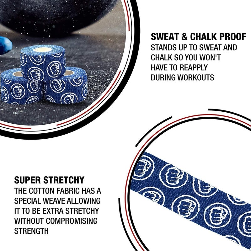WOD Nation شريط لاصق رياضي من WOD Nation لرفع الأثقال - شريط إبهام مقاوم للعرق - قبضة رفع أثقال مضادة للبثور - لفافة مرنة قابلة للتشكيل - عبوة من 3 لفات، 23 قدم لكل منها، أزرق - Image 5