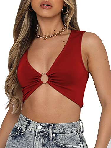 AEVZIV Sexy Crop Tops for Women Sleeveless Deep V Neck Workout Tops Plunge Ring Cleavage Cropped Tank Top Red M - Image 2