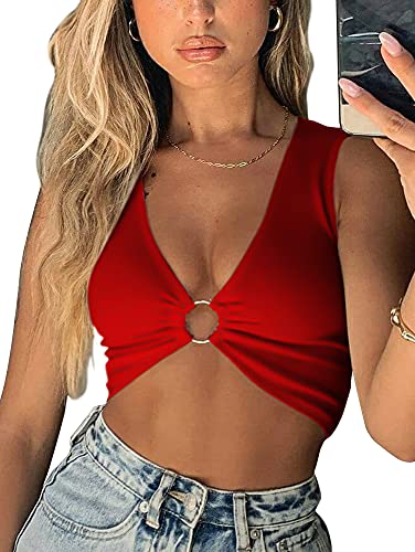 AEVZIV Sexy Crop Tops for Women Sleeveless Deep V Neck Workout Tops Plunge Ring Cleavage Cropped Tank Top Red M - Image 3