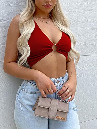 AEVZIV Sexy Crop Tops for Women Sleeveless Deep V Neck Workout Tops Plunge Ring Cleavage Cropped Tank Top Red M - Image 4