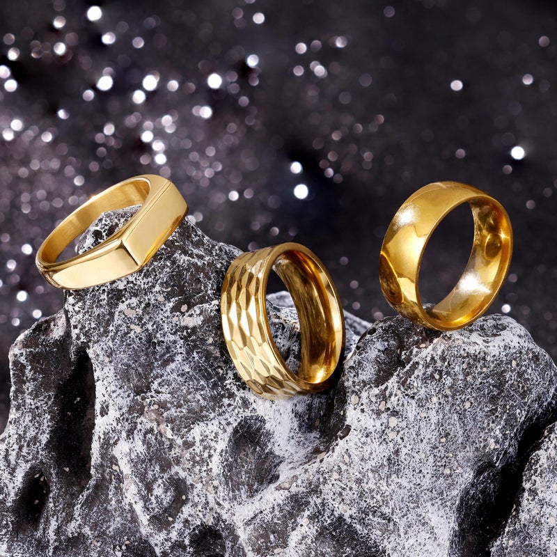 REVOLIA 3Pcs Stainless Steel Rings for Men 8MM Hammered Wedding Ring Set Square Signet Rings Pinky Silver Ring Simple Mens Band Rings Gold/Black/Silver Size 7-13 Gold-10 - Image 2