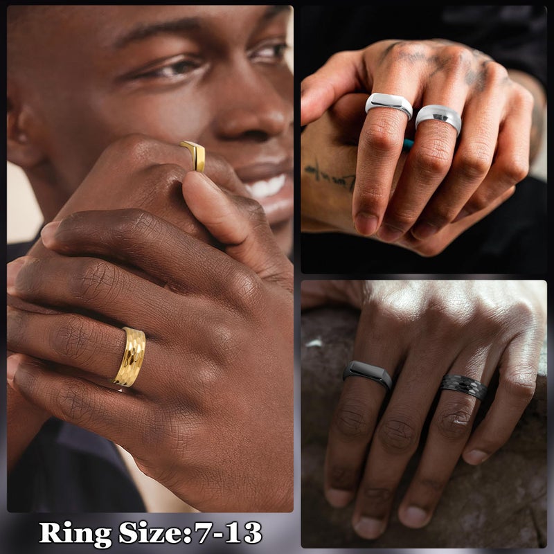 REVOLIA 3Pcs Stainless Steel Rings for Men 8MM Hammered Wedding Ring Set Square Signet Rings Pinky Silver Ring Simple Mens Band Rings Gold/Black/Silver Size 7-13 Gold-10 - Image 5