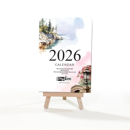 Papboo 2026 A6 Size Desk Calendar with Wooden Easel Stand, Ideal for Home, Office & New Year Gifts(Scenery) - Image 1