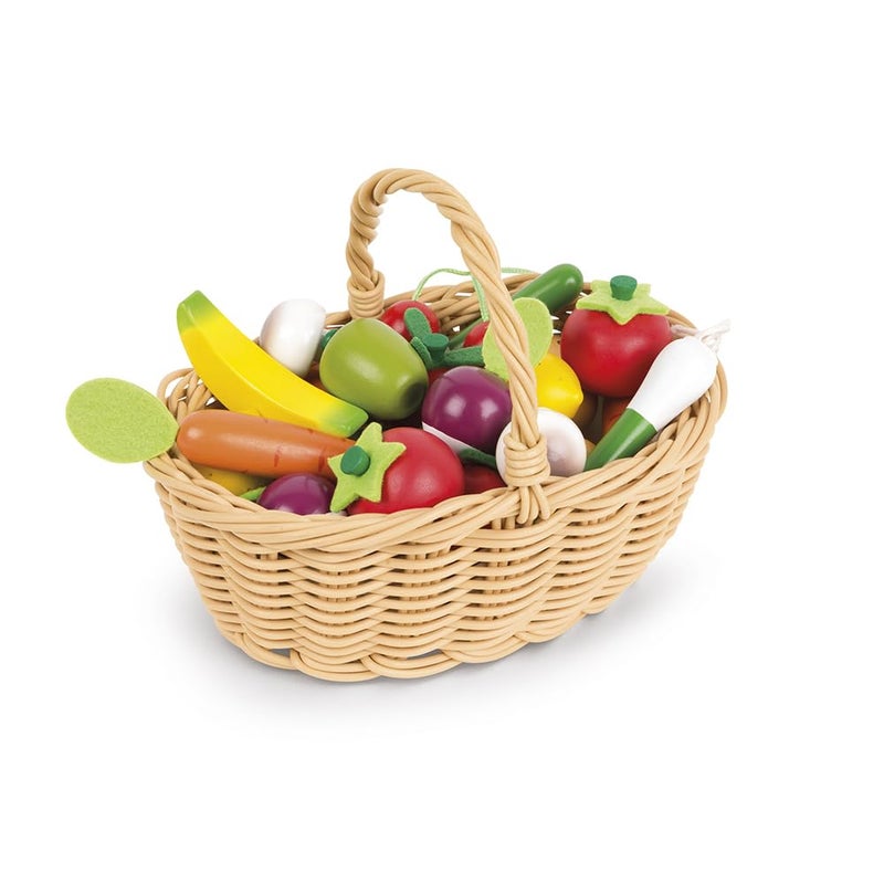Janod 25 Piece Wooden Play Food Fruit and Vegetable Basket - Ages 3+ - J05620 - Image 1